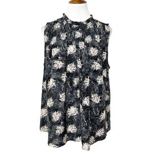 Joie Floral Watercolor Black Cream Gray Smocked High Neck Sleeveless Blouse